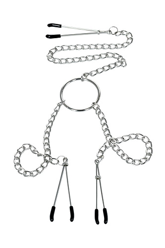 Серебристые зажимы для сосков и клитора на цепочке ToyFa 705005