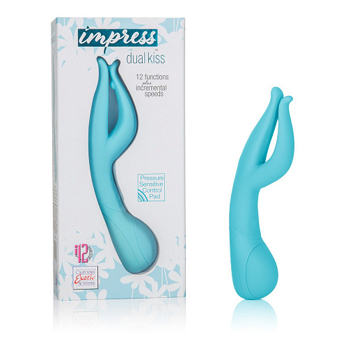 Голубой вибромассажёр со стимуляцией клитора California Exotic Novelties Impress Dual Kiss SE-4440-12-3 (15 см)