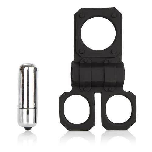 Чёрное эрекционное кольцо с вибрацией с подхватами для мошонки California Exotic Novelties Silicone Lovers Gear Ball Spreader Enhancer  SE-1839-20-3