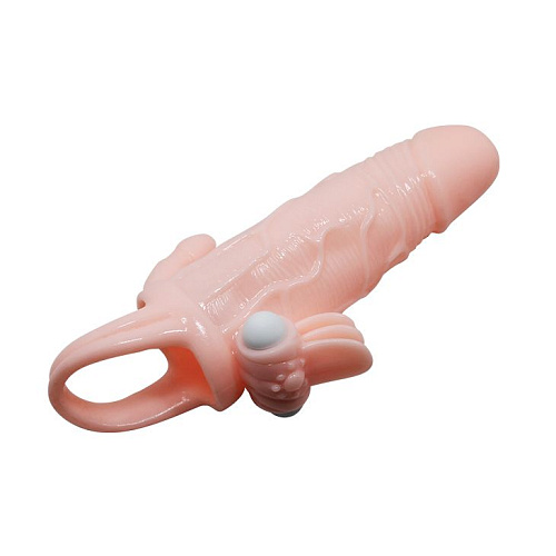 Удлиняющая насадка телесного цвета с вибрацией и маленьким отростком для массажа преданусной зоны Baile BI-026223