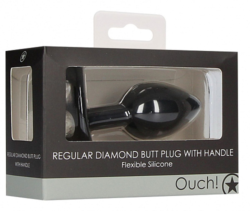 Чёрная анальная пробка Shots Media BV Diamond Butt Plug With Handle OU481BLK (7,7 см)