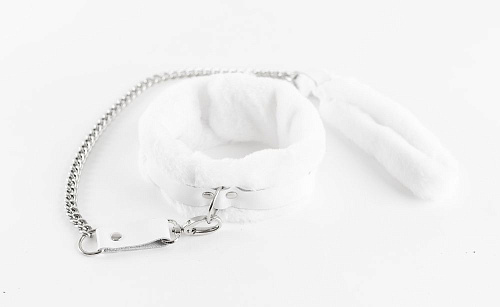 Белый ошейник из натуральной кожи с нежным мехом БДСМ арсенал 20005ars