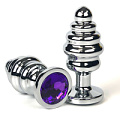 Серебристая ребристая анальная пробка с фиолетовым кристаллом Vandersex 185-RFL (8 см)