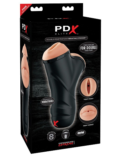 Чёрный мастурбатор в колбе с двумя тоннелями Pipedream Double Penetration Vibrating Stroker RD508