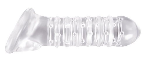 Прозрачная насадка на пенис с точками, рёбрами и подхватом мошонки NS Novelties Renegade Ribbed Sleeve NSN-1115-51