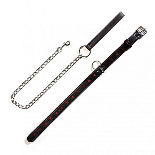 Чёрный ошейник с красными сердечками на металлическом поводке с ручкой Сумерки богов 912-01 BX DD