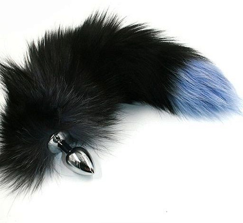 Серебристая анальная пробка с чёрно-голубым хвостом из натурального меха Kanikule KL-AL001SR4