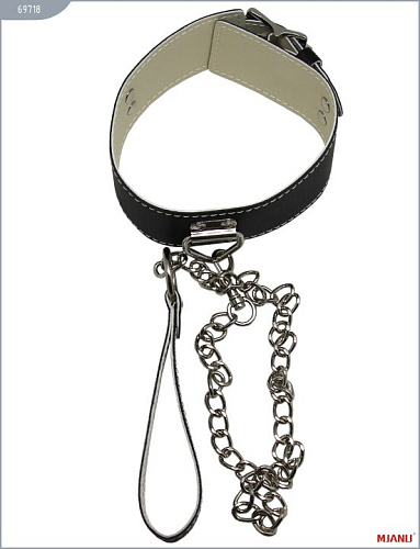 Чёрный кожаный ошейник с фиксацией и поводком-цепью X-Market Ltd 69718