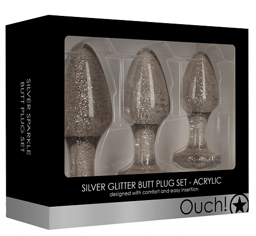 Набор из 3 серебристых анальных пробок Shots Media BV Acrylic Goldchip Butt Plug Set OU479SIL
