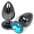 Чёрная металлическая анальная пробка с голубым стразом Vandersex 400-VBLL (9 см)