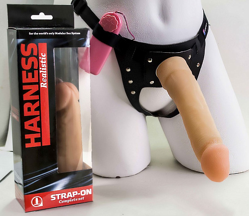Страпон телесного цвета, трусики с плугом и виброфаллос с пультом управления LOVETOY (А-Полимер) Harness 297023 (20,5 см)
