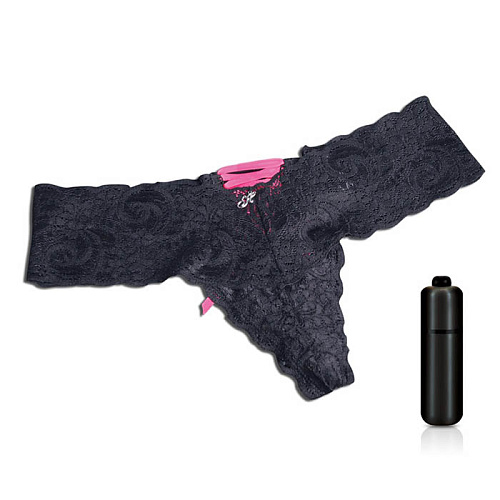 Ажурные чёрные трусики-тонг с вибропулей Hustler HVP01 (размер S-M)