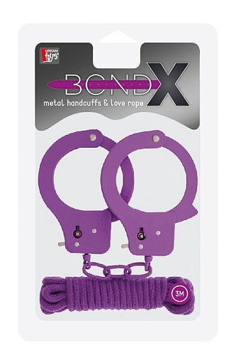Фиолетовые наручники из листового металла в комплекте с верёвкой Dream Toys BONDX METAL CUFFS LOVE ROPE SET 20871