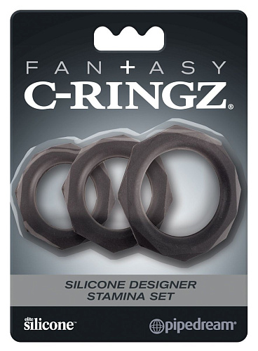 Набор из 3 граненых, чёрных эрекционных колец Pipedream C-Ringz Silicone Designer Stamina Set PD5967-23