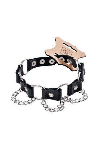 Чёрный ошейник с кольцами и цепочкой Штучки-дрючки 690221