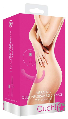 Розовый безремневой вибрострапон с пультом управления Shots Media BV Vibrating Silicone Strapless Strapon OU323PNK