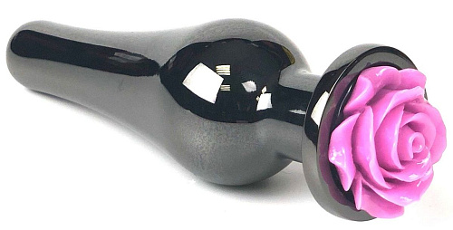 Чёрная удлиненная анальная пробка с фиолетовой розой Vandersex 199-VTRFL (12,5 см)