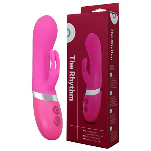 Розовый вибромассажёр с загнутой головкой и клиторальным стимулятором Seven Creations THE RHYTHM DUAL MOTOR VIBE 2414-17-E13_LPR-BX (16 см)