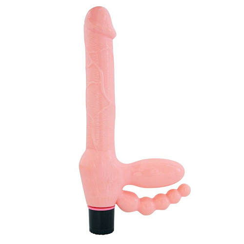 Телесный безремневой страпон с анальным отростком Bior toys EE-10122