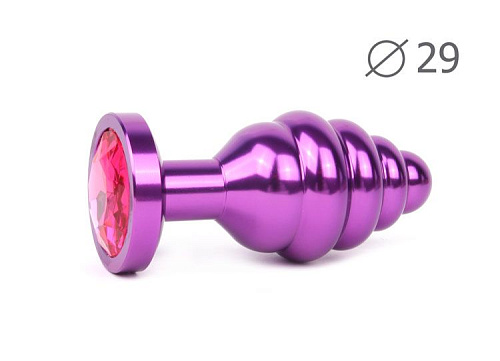 Коническая ребристая фиолетовая анальная втулка с малиновым кристаллом Anal Jewelry Plug AV-14-S (7,1 см)