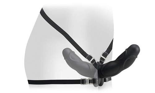 Женский страпон чёрного цвета с вагинальной пробкой Pipedream Double Delight Strap-On PD4539-23 (12,7 см)