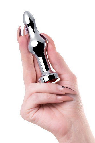 Серебристая удлиненная анальная пробка с красным кристаллом Штучки-дрючки 690125 (10 см)