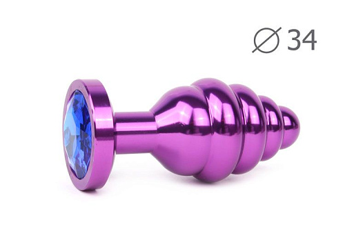 Коническая ребристая фиолетовая анальная втулка с синим кристаллом Anal Jewelry Plug AV-13-M (8 см)
