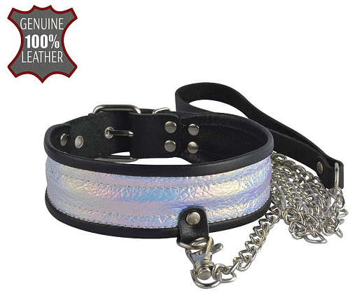 Чёрный ошейник с голографическими вставками и поводком Sitabella 3126-91