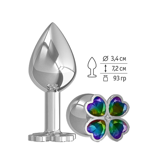 Средняя серебристая анальная втулка с клевером из радужных кристаллов Сумерки богов 529-14 multicolored-DD (8,5 см)