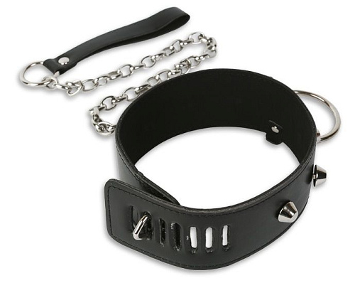 Чёрный дизайнерский ошейник с поводком Пикантные штучки DP077