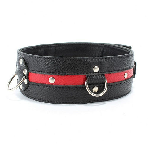 Чёрно-красный кожаный ошейник увеличенного размера с кольцом БДСМ арсенал 55023XL