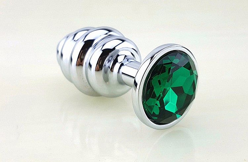 Серебристая рифлёная пробка с зелёным кристаллом 4sexdreaM 47144-3 (9 см)