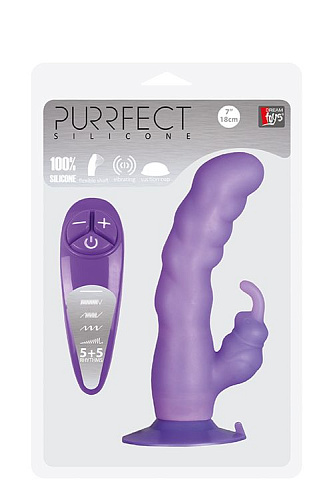 Фиолетовый вибратор с клиторальным отростком и присоской Dream Toys PURRFECT SILICONE SUCTION CUP DUO VIBE 20969 (18 см)