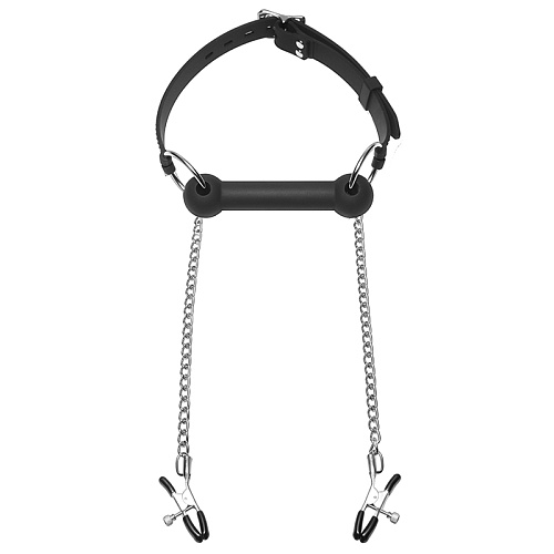 Чёрный кляп с зажимами для сосков O-Products AD700