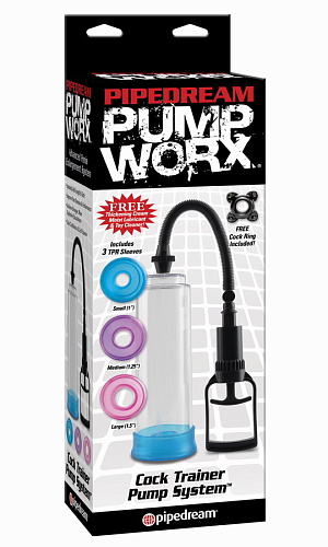 Прозрачная вакуумная помпа с цветными вставками Pipedream Pump Worx Cock Trainer Pump System PD3285-00