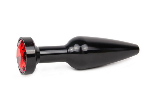 Удлиненная коническая гладкая чёрная анальная втулка с красным кристаллом Anal Jewelry Plug XBCK-16 (11,3 см)