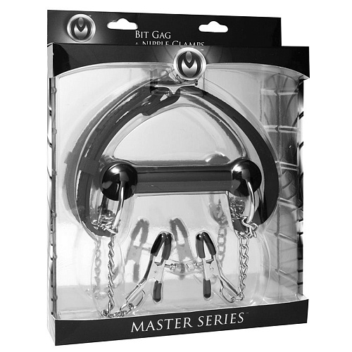 Чёрный кляп с зажимами для сосков O-Products AD700