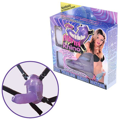 Фиолетовый вибростимулятор в виде рога носорога на регулируемых трусиках и с пультом ДУ NMC 190107