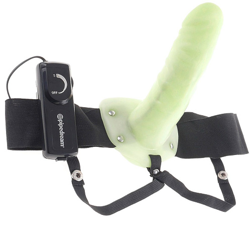 Зеленый флуоресцентный полый страпон унисекс с вибрацией Pipedream For Him or Her Vibrating Hollow Strap-On PD3367-32