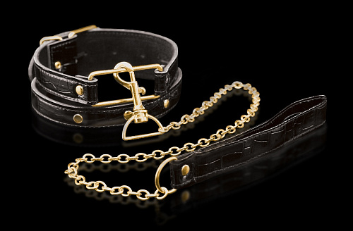 Чёрный ошейник с золотистым цепным поводком Pipedream Collar Leash PD3978-23