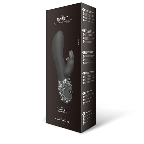 Чёрный вибромассажёр с клиторальным отростком и отделанной стразами рукоятью The Rabbit Company The ClassicTRC-001BLKBLING (22 см)