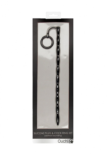 Чёрный стимулятор уретры с кольцом на головку Shots Media BV Silicone Plug Cock Ring Set OU438BLK
