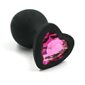 Чёрная анальная пробка из силикона с розовым кристаллом в форме сердца Kanikule AP-S02-MP (8,8 см)