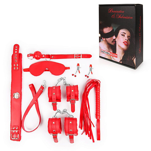 Большой набор БДСМ в красном цвете (маска, кляп, зажимы, плётка, ошейник, наручники, оковы) Bior toys NTB-80611