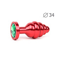 Коническая ребристая красная анальная втулка с зелёным кристаллом Anal Jewelry Plug AR-07-M (8 см)