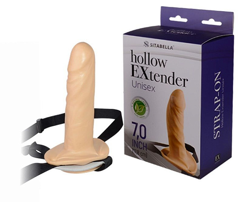 Поясной полый фаллоимитатор телесного цвета на чёрном ремне Sitabella UNISEX 6502 (17,8 см)