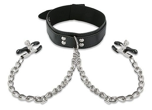 Чёрный ошейник с зажимами на соски на серебристой цепочке Пикантные штучки DP325