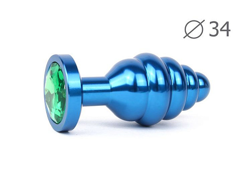 Коническая ребристая синяя анальная втулка с зелёным кристаллом Anal Jewelry Plug ABL-07-M (8 см)