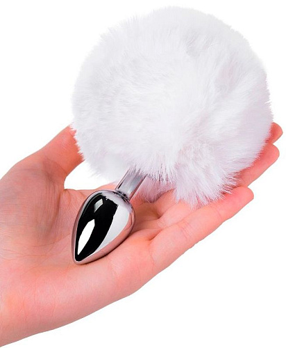 Серебристая анальная втулка с белым хвостиком ToyFa Metal 712025-10