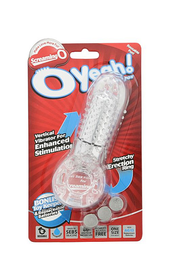 Прозрачное эрекционное кольцо с вибрацией и пальчиком Screaming O OYEAH CLEAR OYH-101CL